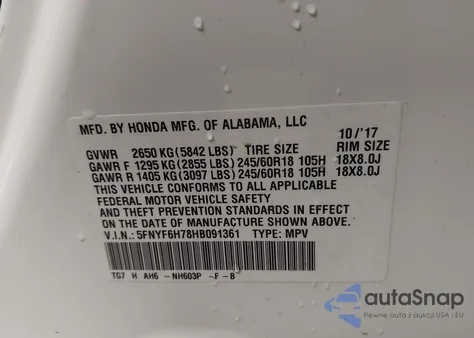 2017 Honda Pilot Ex-L из США, поврежденный, VIN 5FNYF6H78HB091361